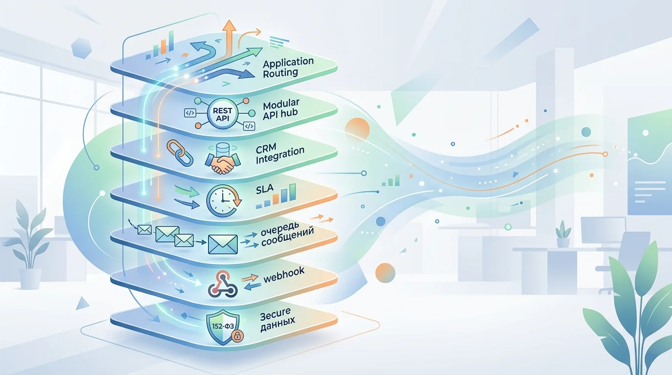 Схема архитектуры системы обработки заявок с каналами, API-шлюзом, очередью сообщений, CRM и аналитикой