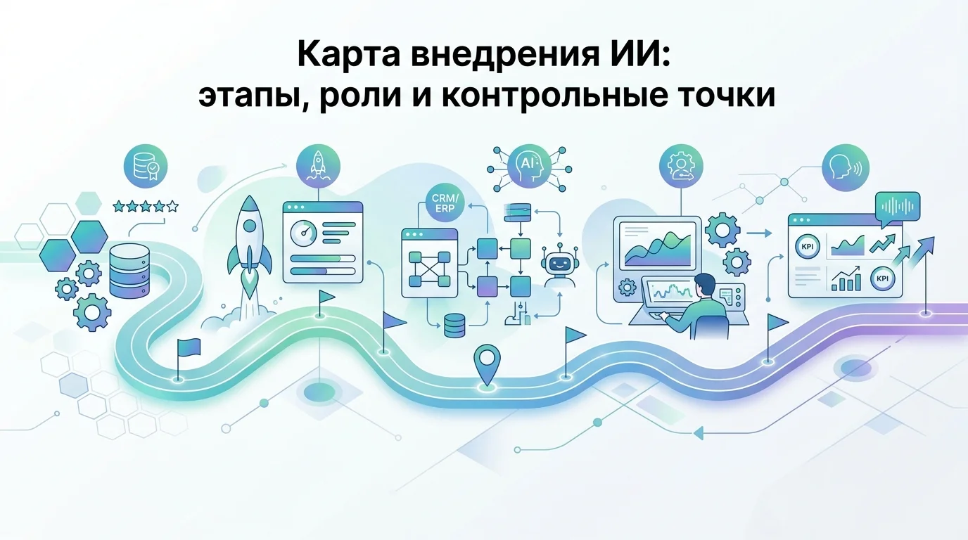 Схема карты внедрения ИИ в бизнес с этапами пилота, ролями команды и контрольными точками перехода