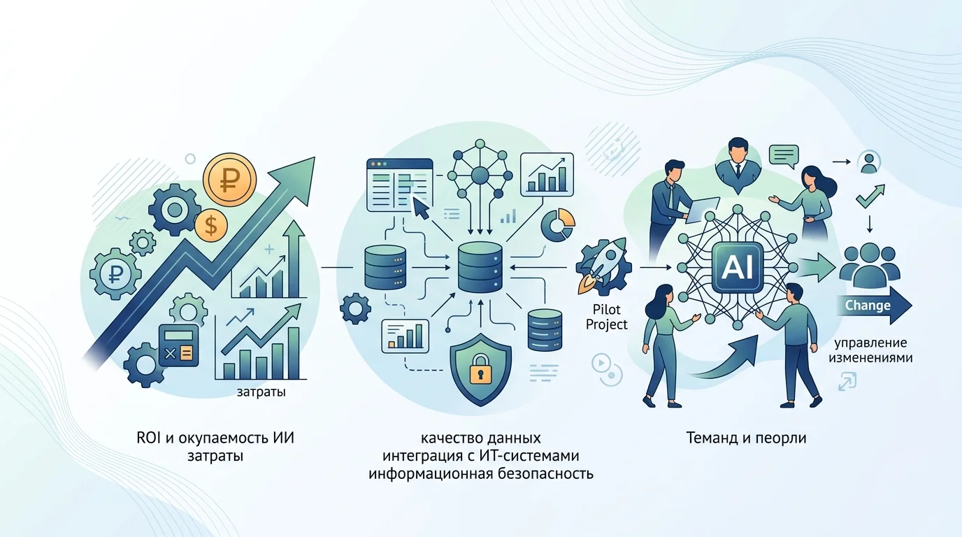 Руководитель отдела продаж разбирает с командой статистику внедрения ИИ, данные CRM и расчёт окупаемости пилотного проекта
